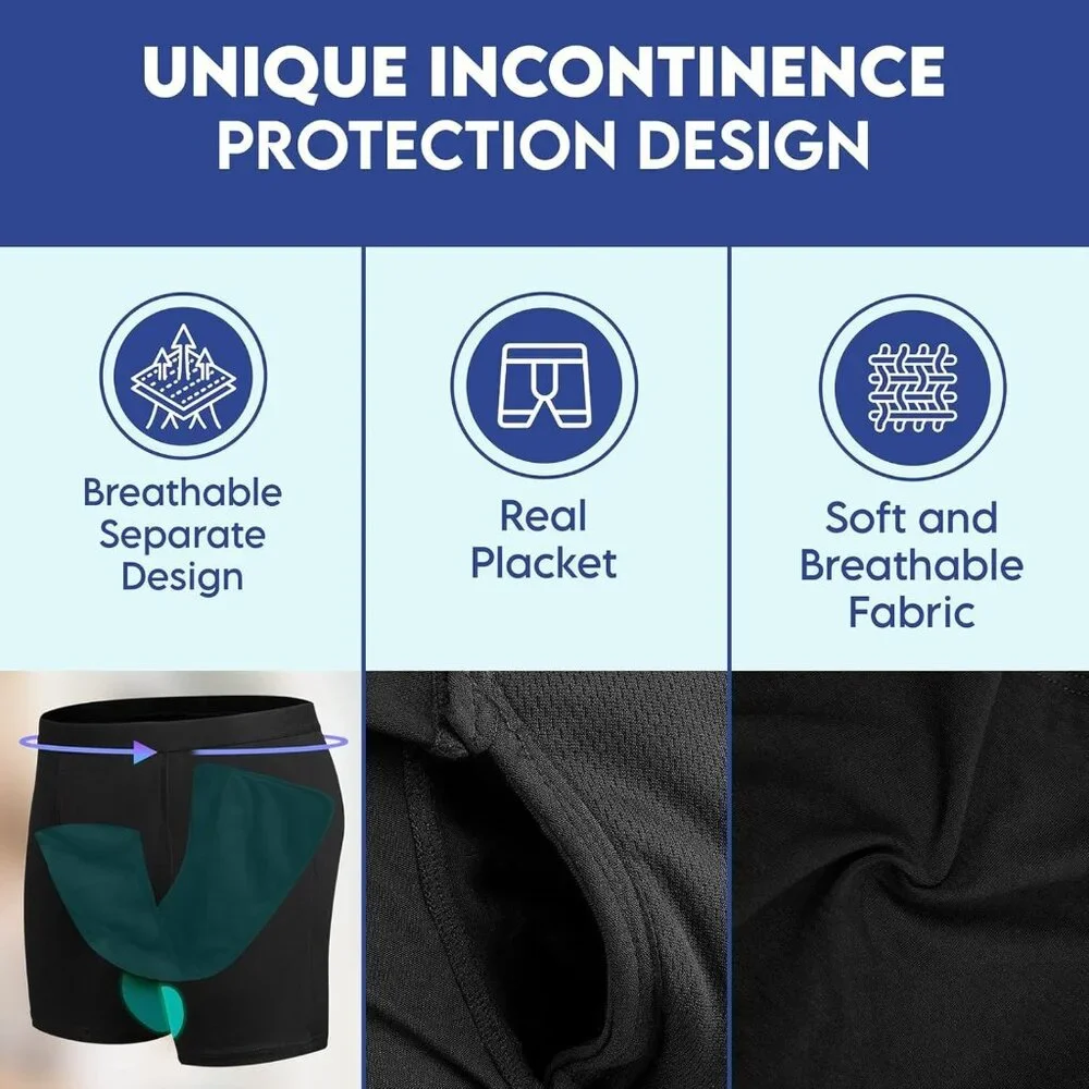 Men's Reusable Incontinence‎ Boxer Briefs, Leak Proof Protection, Black, 4X, 1pc